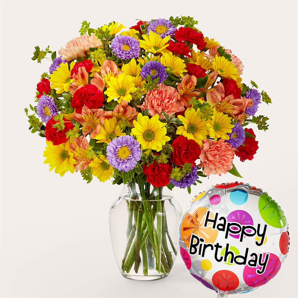 Kaleidoscope Bouquet with Birthday Balloon – FUJI'S ALADDIN FLOWERS, National City CA