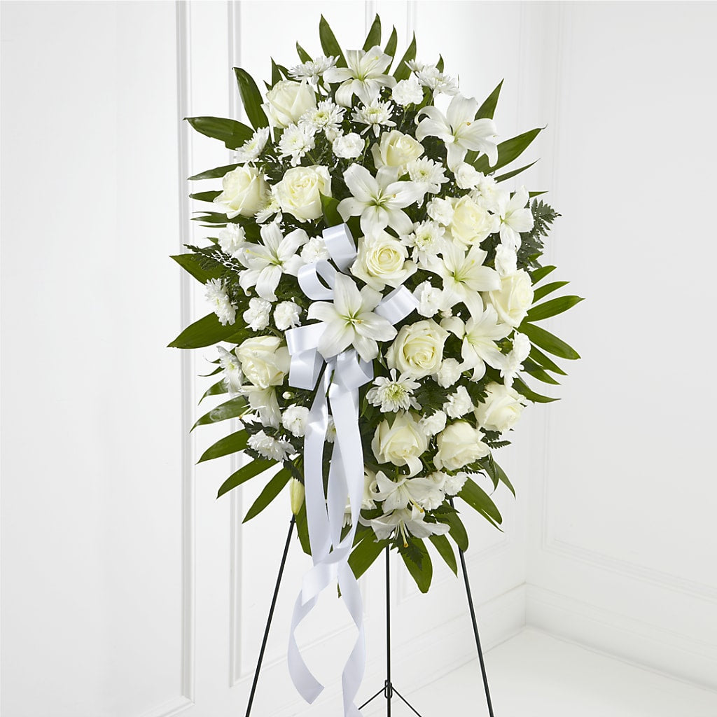 Exquisite Tribute Standing Spray-White Ribbon – FUJI'S ALADDIN FLOWERS, National City CA